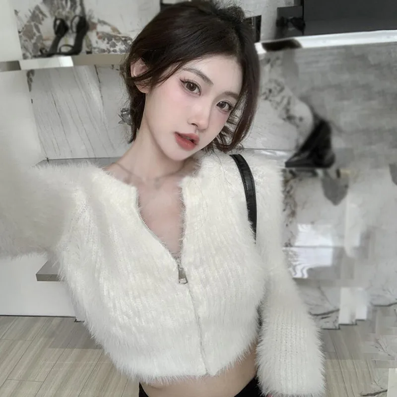 Autumn Winter Coat Women\'s Sweater Top Knitted Cardigan Plush Off Shoulder Short Style Gentleness Mink Solid Color Zipper Design