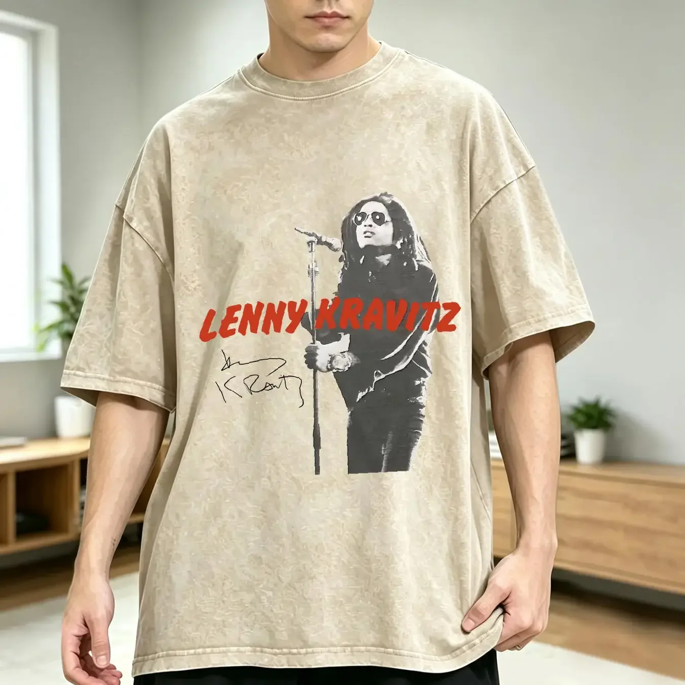 washed T Shirt Retro He Lives Tour Lenny Kravitz  White Men S 234XL H196 vintage Washed homme fashion Soft Stretched graphic