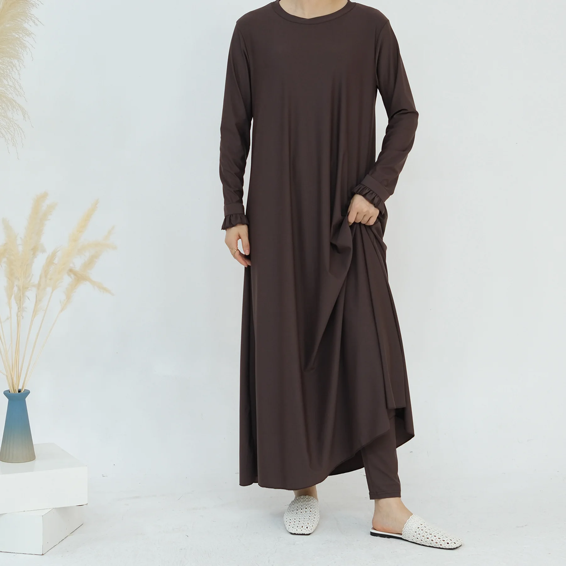 

Swimming 2 Piece Abaya Set Summer Traditional Muslim Clothing Modest Islamic Swimwear Burkini Muslim Swimsuit Dress and Pant Set