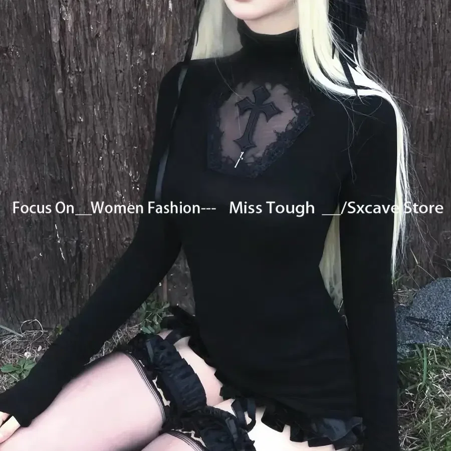 High Neck Black Gothic Tees Cross Hollow Slimming Bottom Knitted Shirt Women Halloween Long Sleeve Sexy Y2k T-shirt Women Tops image 3