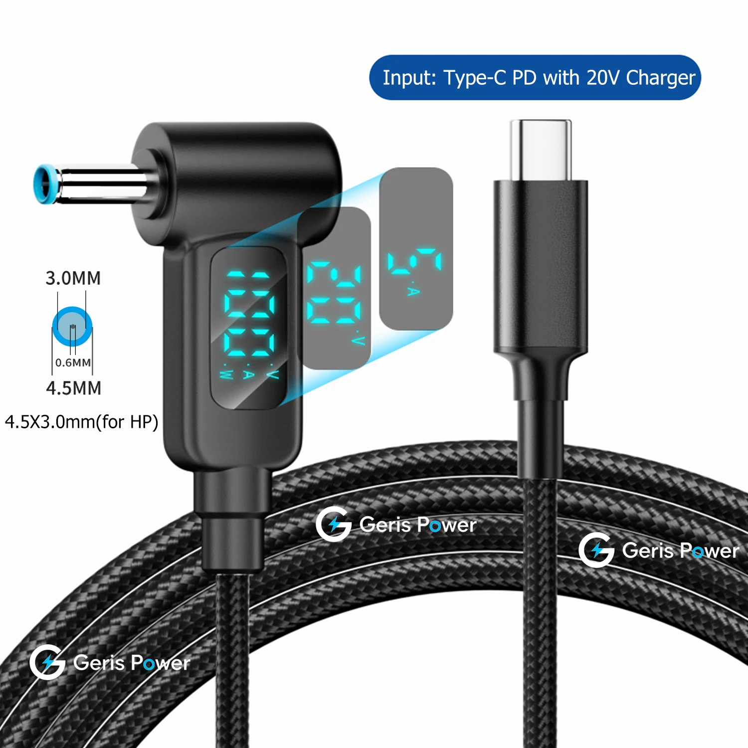 LED Display 100W USB C PD to DC 4.5X3.0mm Laptop Charging Cable Adapter for Hp Pavilion X360 Envy 11 13 EliteBook 840 ChromBook