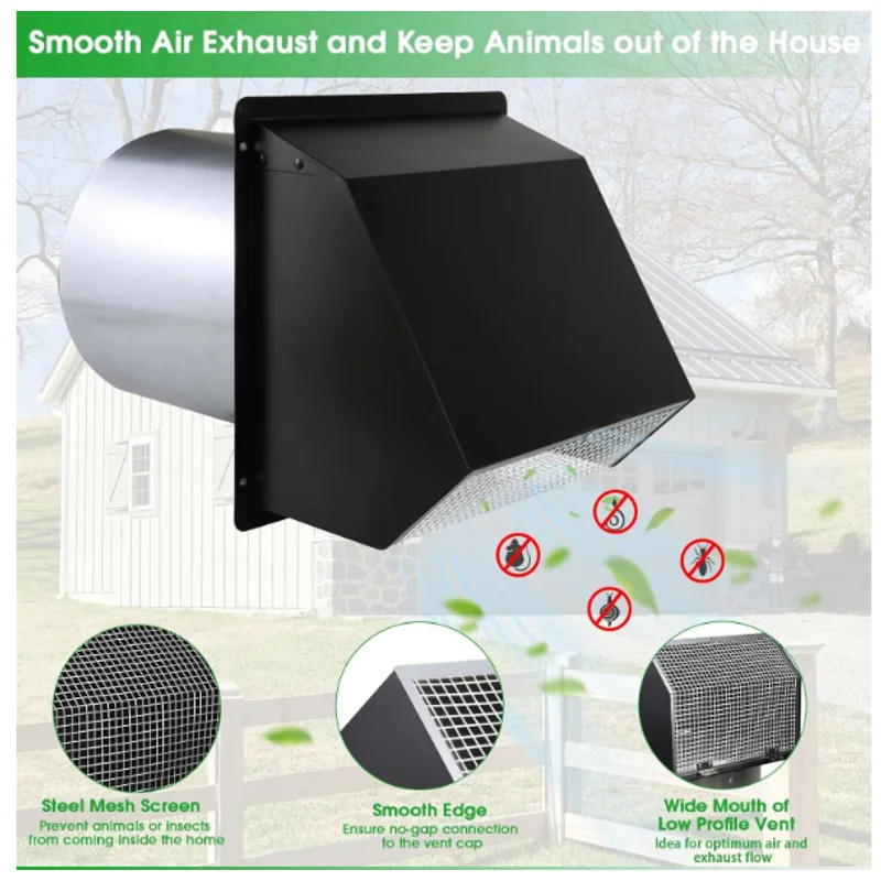 4/6/8 Inch Dryer Vent Cover Outside Hooded Wall Vent with Screen and Damper, Stainless Steel Exhaust Wall Mount Cap