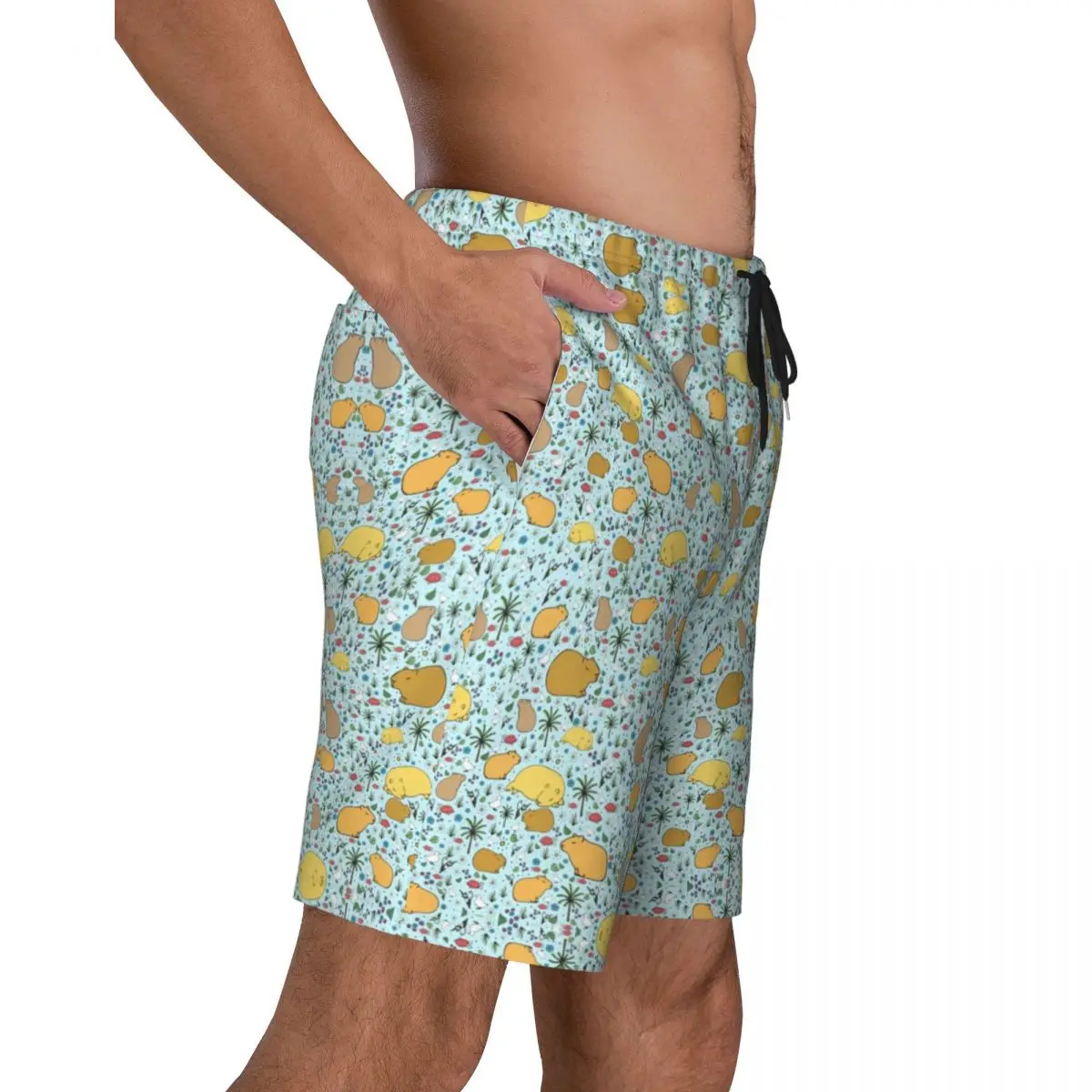 Capybaras-shorts de praia de secagem rápida com pet print para homem, calção azul