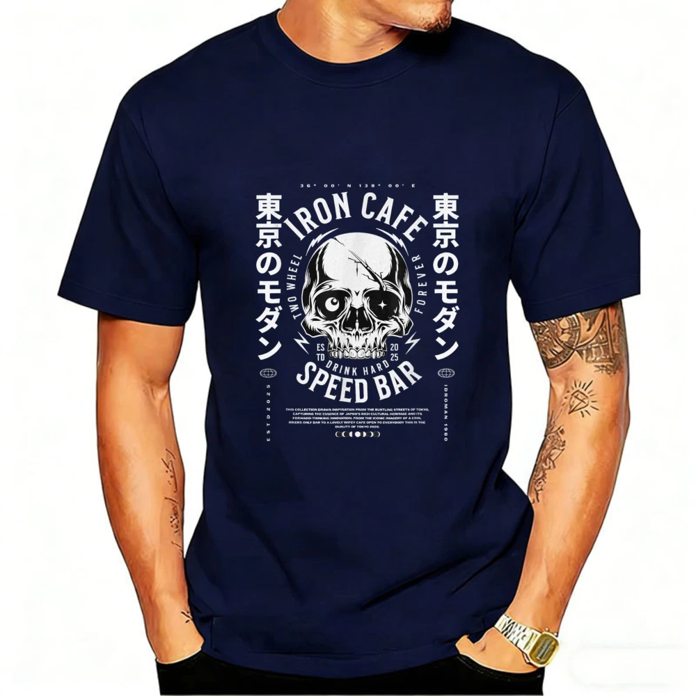 Skull Motorcycle T Shirt Men Tokyo Iron Cafe Japanese Street Style Graphic Tee Short Sleeve Crew Neck Black Punk Casual Men Tops