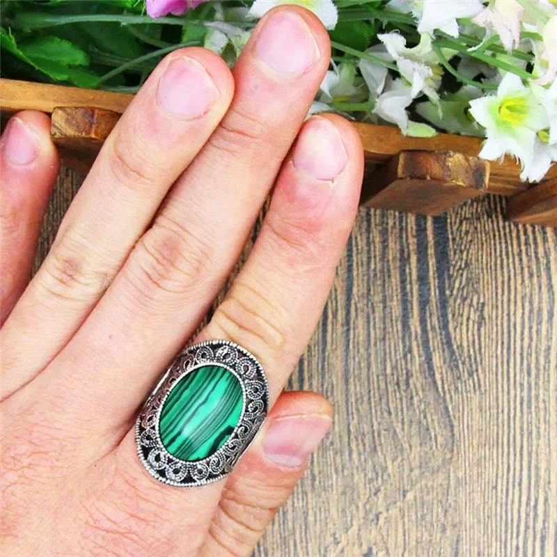 Oval Malachite Rings For Women Flower Desing Vintage Look Antique Silver Plated Fashion Jewelry TR666