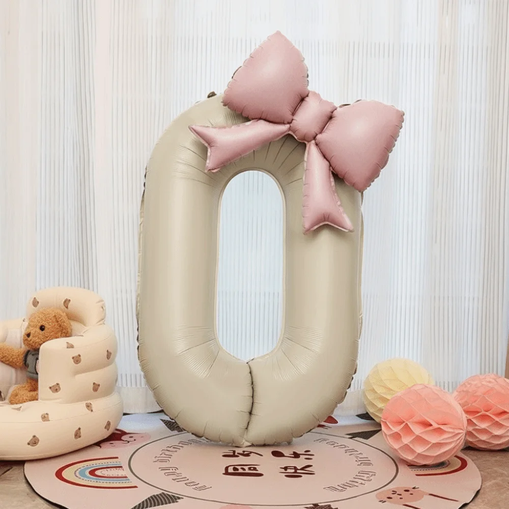 40 Inch Number 0-9 Balloon with Light Pink Bow New Year Decorations Aluminum Foil Balloons Cream White Birthday Party Balloons