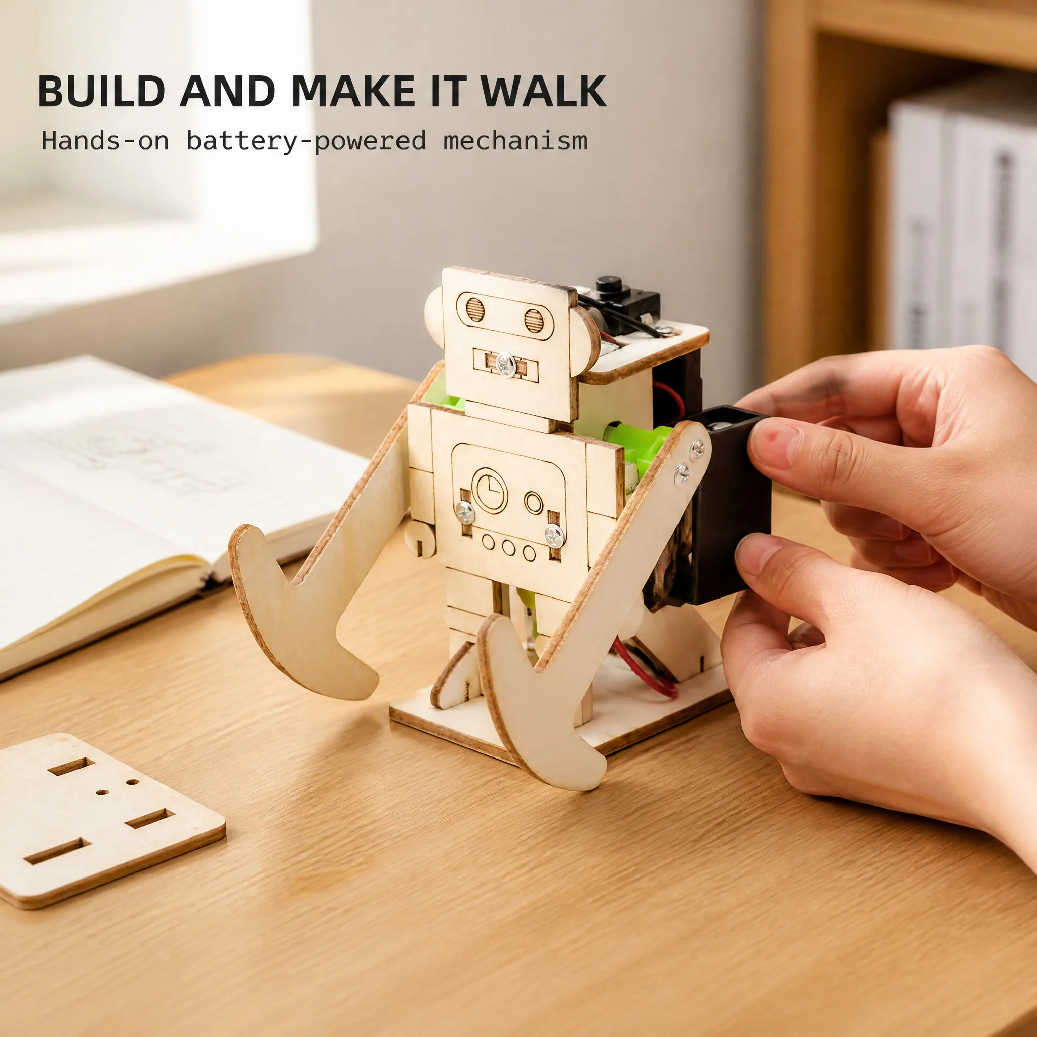 Wooden Walking Robot DIY Kit STEM Physics Experiment Battery Powered Mechanical Model Toy for Kids Students Educational Gift Set
