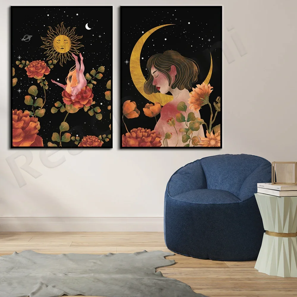 

Floral poster printing, gallery wall set, witch wall decoration poster, celestial body, stars, moon, magical sun poster