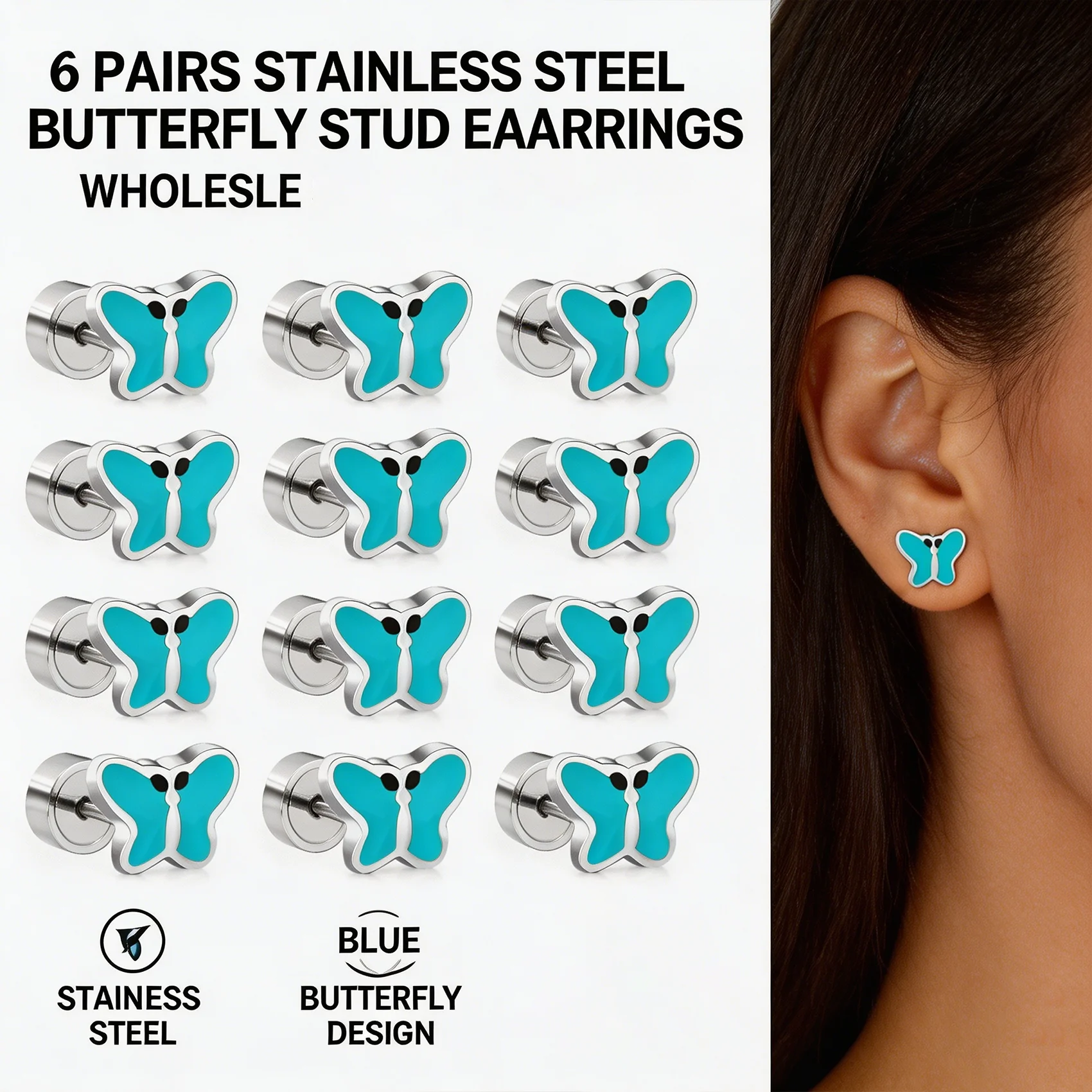 Wholesale 6 Pairs Stainless Steel Blue Enamel Butterfly Press Back Stud Earrings Bulk Piercing Jewelry Set