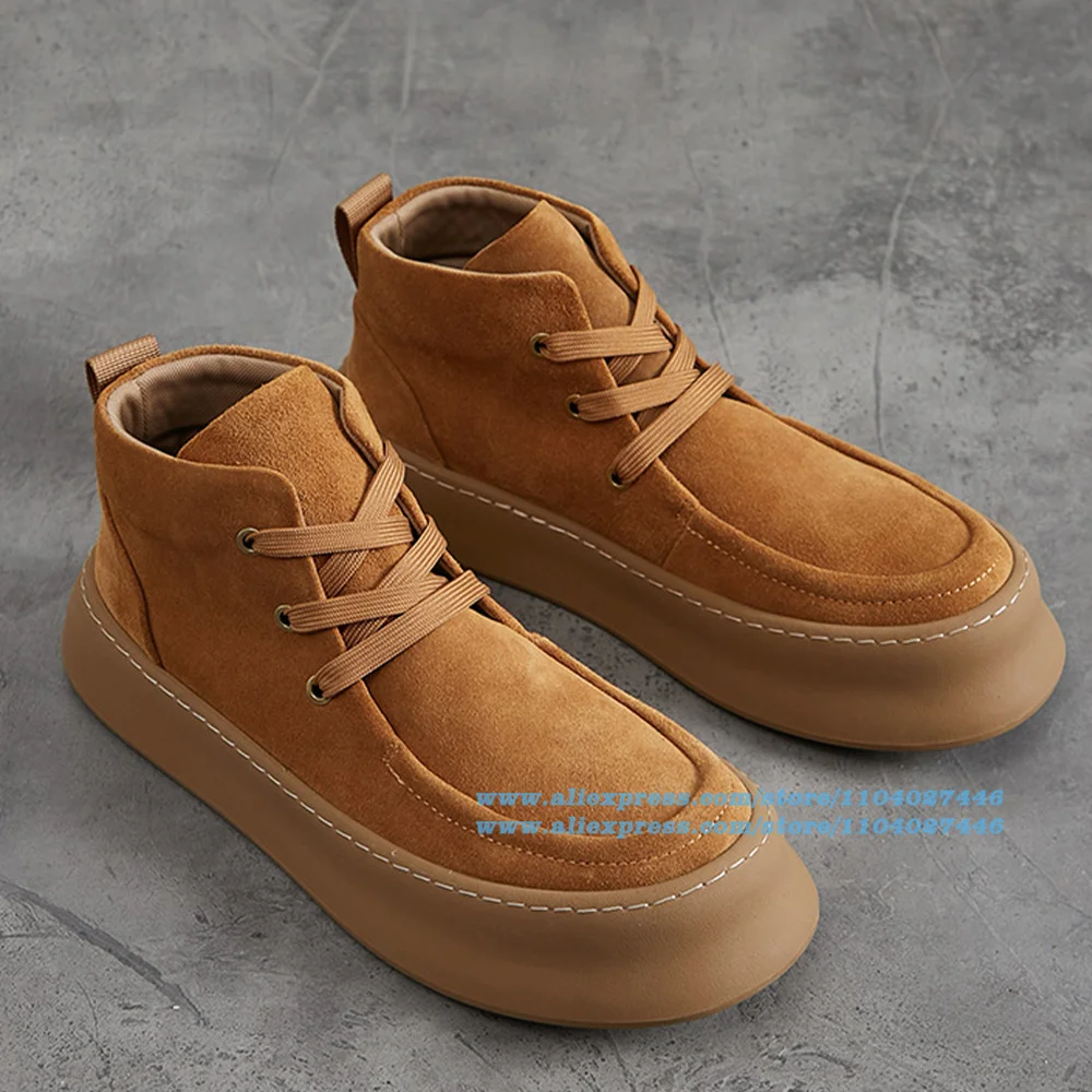 

Suede High-Top Men's Shoes Thick Soled Round Toe Lace-Up Casual Shoes Solid Color Sneakers Trendy Luxury Handmade Men's Shoes