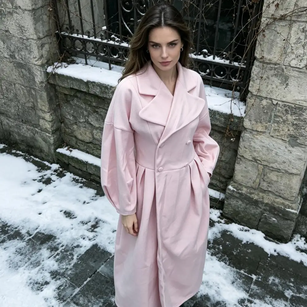Wool Coat with Pockets Women Long Wool Coat for Fall Winter Lantern Sleeve Overcoat with Notch Lapel Double Breasted Trench Coat