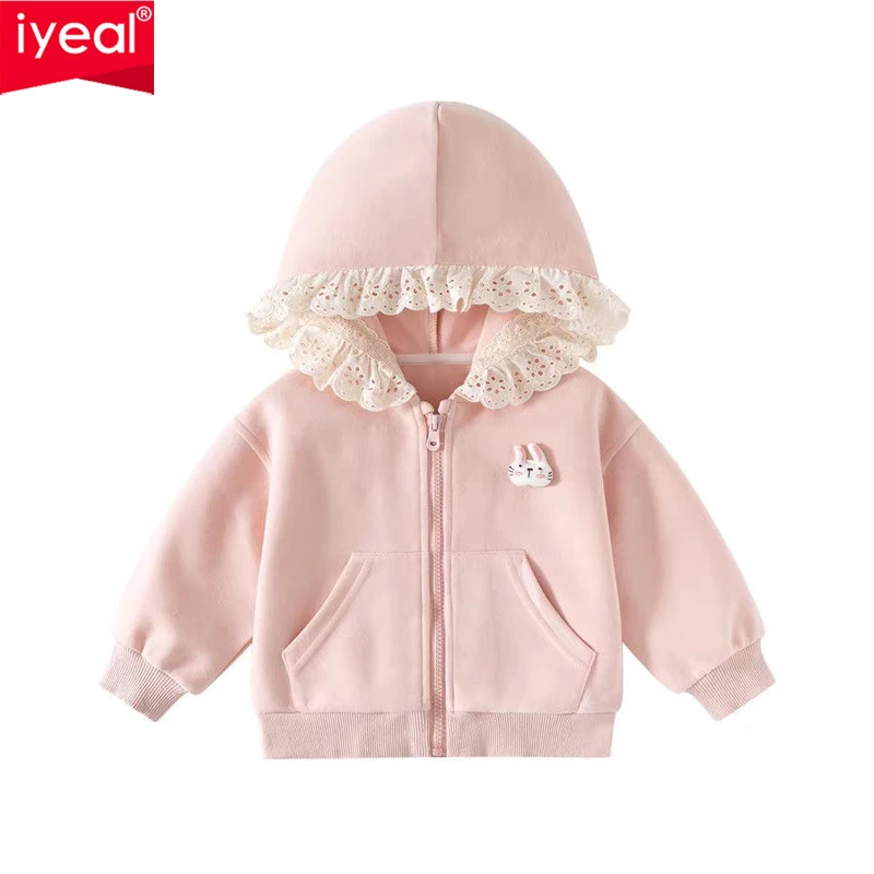 

IYEAL 2026 Весенне-осенняя куртка для девочек, модная, в корейском стиле, с кружевным капюшоном, мультяшный кардиган-худи