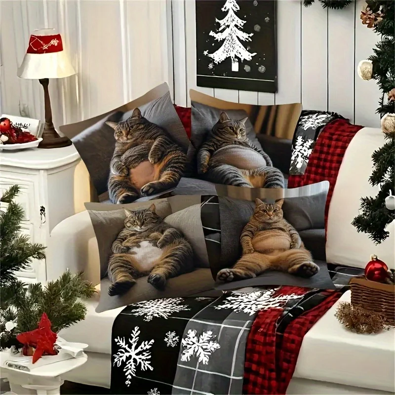 4pcs Cute belly cat pattern digital printing pillow cover Short plush Suitable living rooms bedrooms sofas throw cushion cover