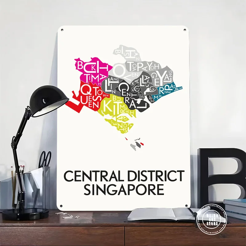 Central District Singapore Map Art Metal Poster Customized Wall Art Retro Vintage Tinplate Signs for Mancave Decoration Gaming