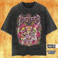Camiseta con estampado gráfico lavado de Hazbin Hotel, camiseta de Lucifer Fanmerch, camiseta Vintage holgada de alta gama, producto novedoso, camiseta Unisex de gran tamaño