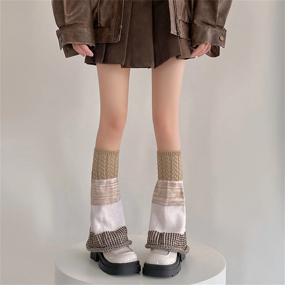Retro Wide-leg Socks Women Knitted Patchwork Hot Girls Leg Warmers Boot Covers Knee Protector Leggings Sweet Lolita Y2K Stocking