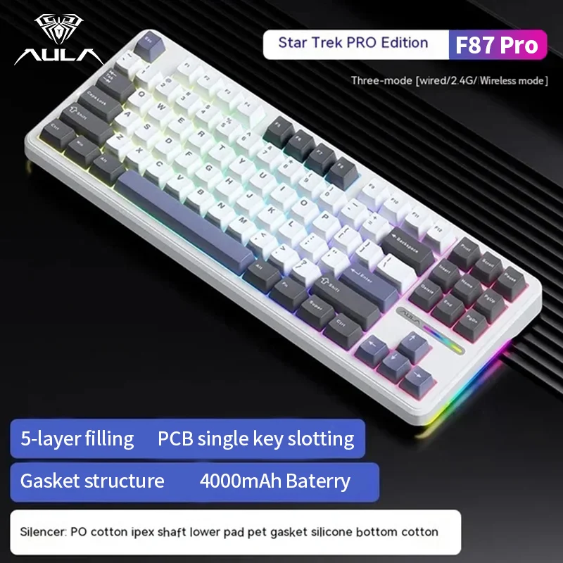 AULA F87 Pro Özelleştirilmiş Mekanik Klavye W/RGB Yan Işık Üçüncü Mod Kablosuz Bluetooth Oyunu Esports Oyma Klavye Tuş Klavye