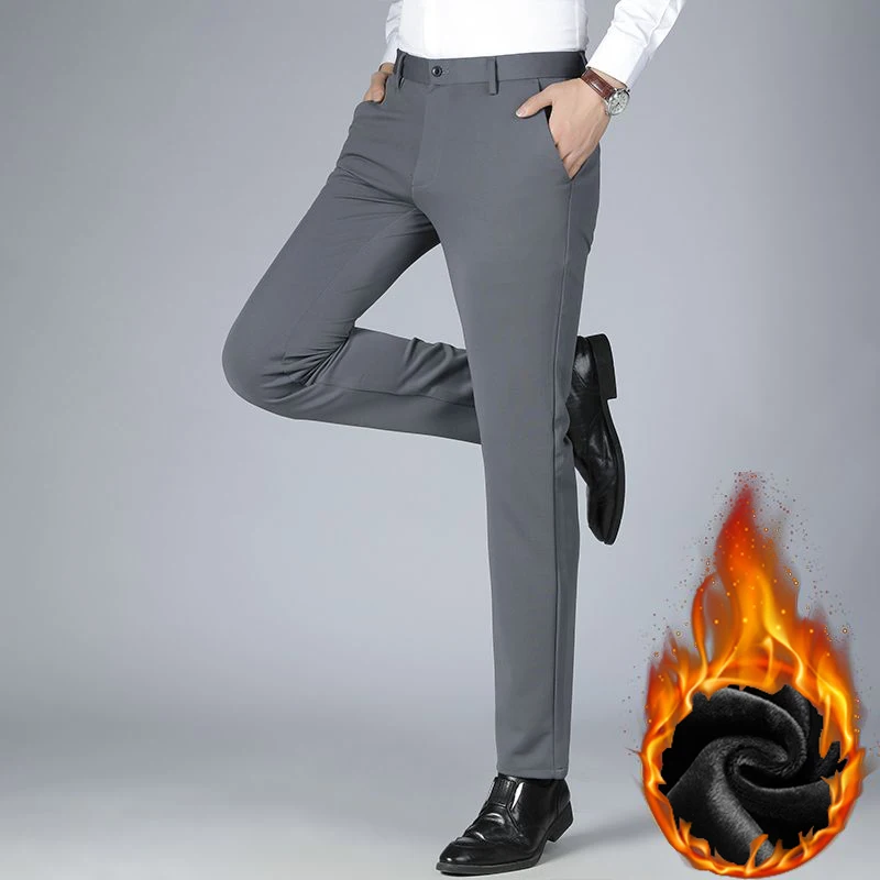 

Men Snow Warm Plush Fleece Business Casual Suit Pants Male Winter Thermal Loose Straight Leg Pants Fashion High Waist Trousers