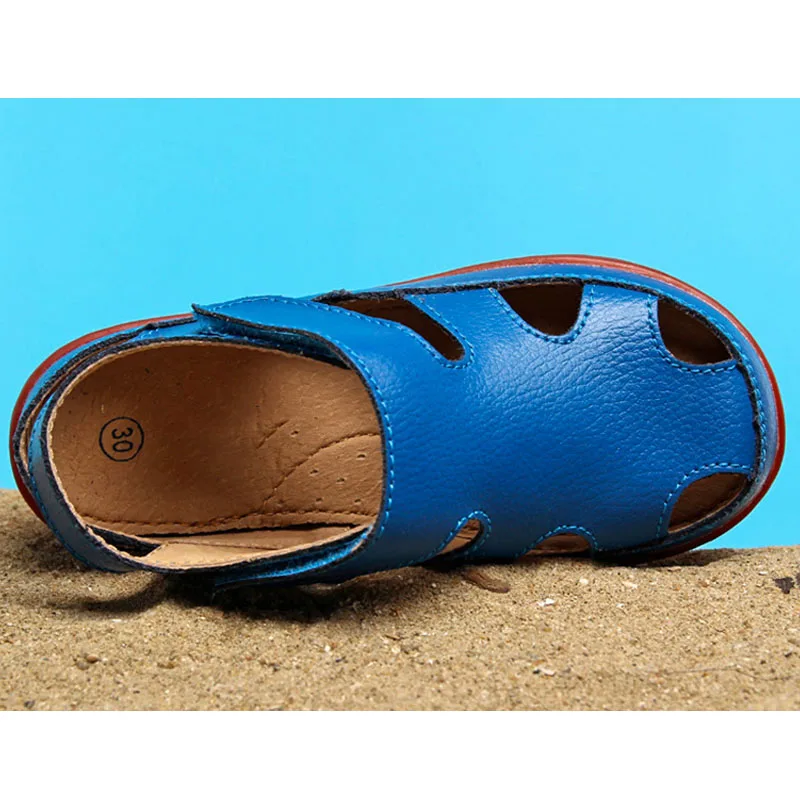 Sandalias de cuero genuino para niños, zapatos de playa, Punta cerrada, Verano