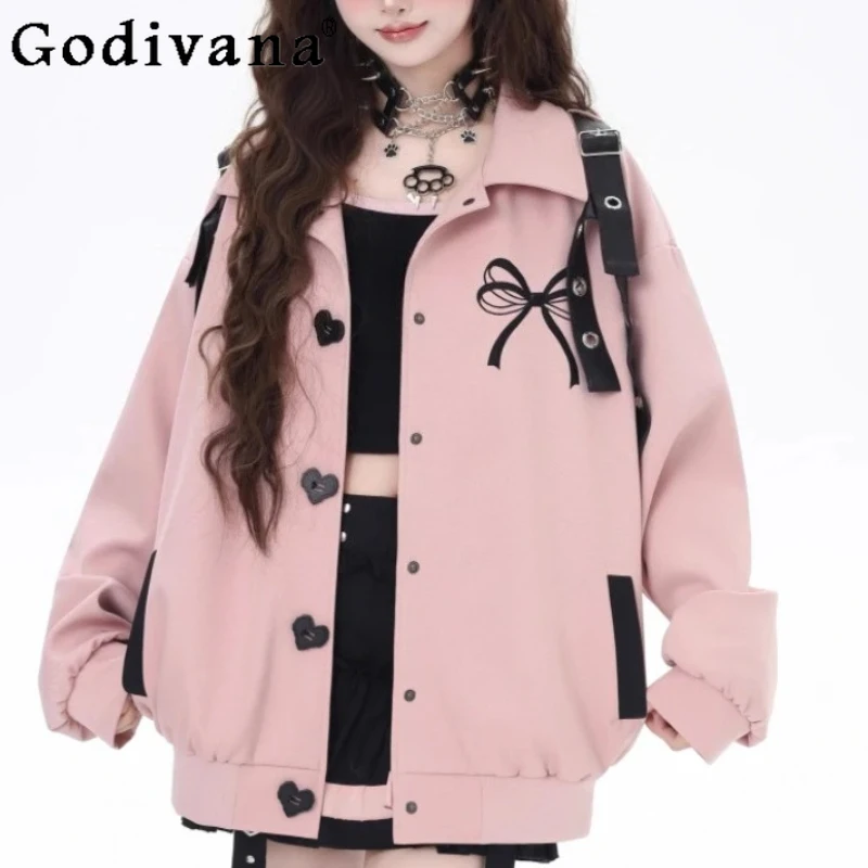 

Spring Autumn New Fashion Sweet Cool Subculture Cute Bow Strap Baseball Jacket Loose Versatile-reducing Pink Long-sleeved Coat