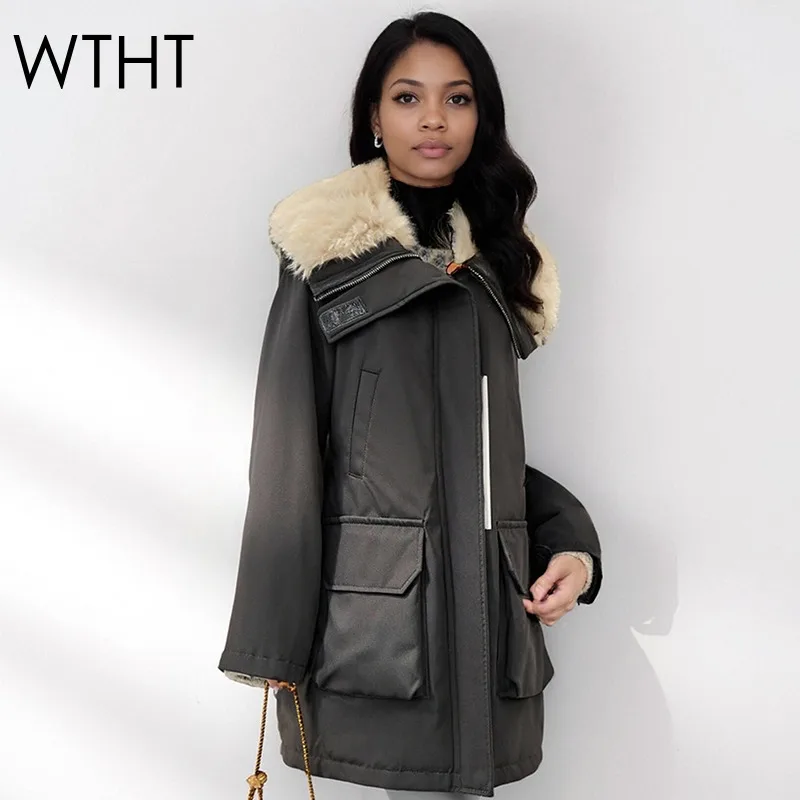 

WTHT New Trendy Women's Spliced Plush Liner Loose Quilted Jacket 2025 Winter Fashion Lapel Long Sleeves Warm Coat Female 1LS2664