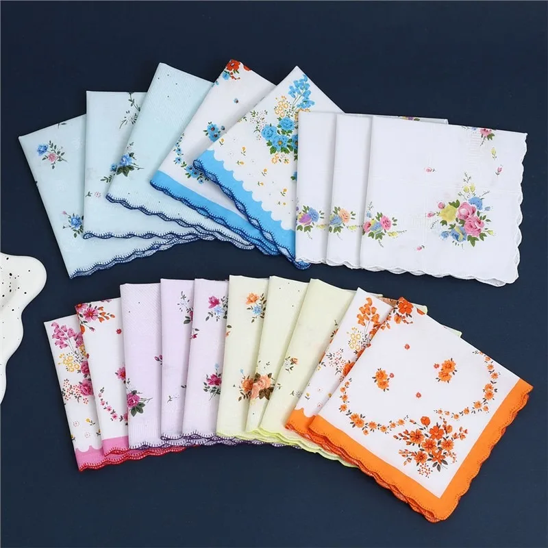 12Pcs Pure Cotton Women's Floral Small Handkerchief Old-fashioned Nostalgic Cotton Printed Thin Hand Towel Square Towel 30cm