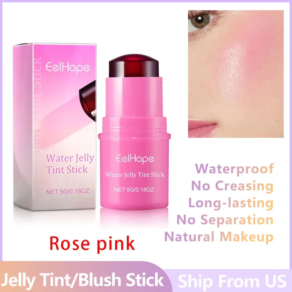 4color Water Jelly Tint/Blush Stick Waterproof Longlasting No Creasing Moisturizing Clear Glossy Lip Gloss 3in1 Cheek Lip Tinted