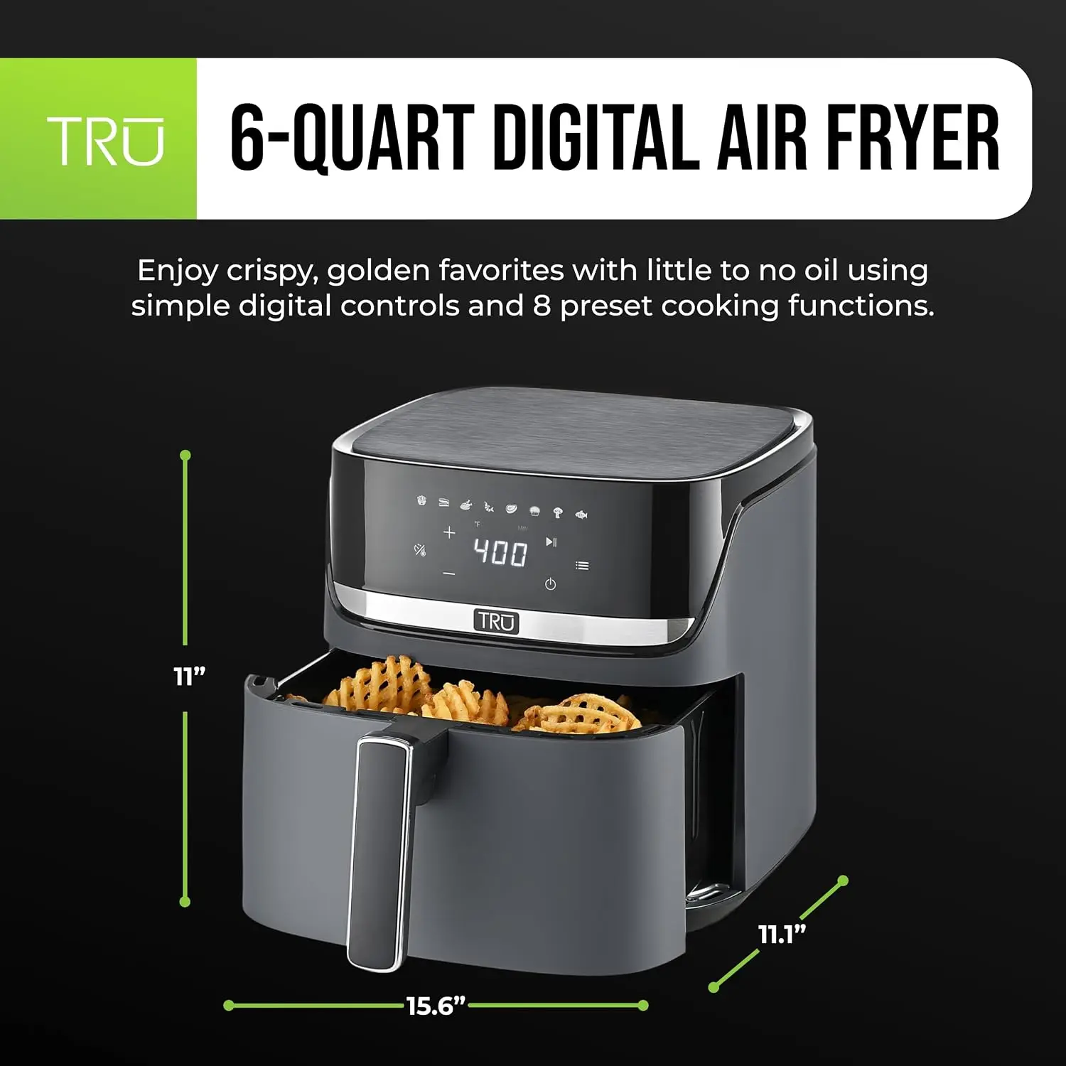 Family Size 6-Quart Digital Air Fryer with One-Touch Control and 8 Presets – Cook Chicken, Meat, Veggies, Fries – Nonstick Pot a