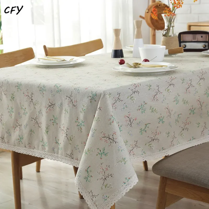 

American Style Cotton and Linen Tablecloth Floral Printed Table Cloth Rectangular for Table Nappe Tassel Table Cover