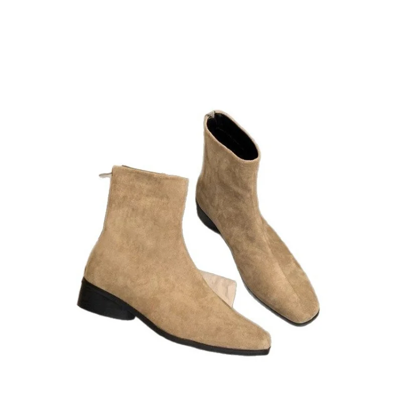 Vintage High-End Feel Short Boots Winter New Style Everyday Versatile Chunky Heel Slim Boots French Suede Ankle Boots