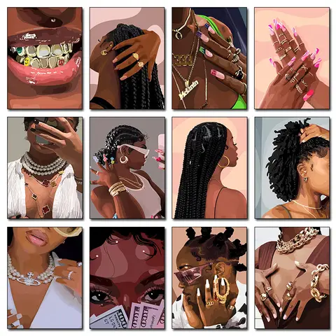 Hip Hop Black Girl Gold Jewelry Poster Print Beautiful Woman Hair Canvas Painting Afro Wall Art for Club Living Room Home Decor