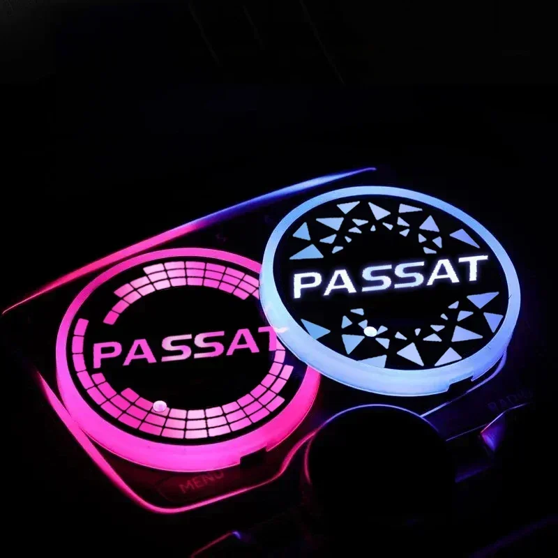 7 Colorful Car Drinks Holders for Passat Logo B5 B6 B7 B8 LED Cup Mat Pad USB Charging Intelligent Water Coaster Decor Light