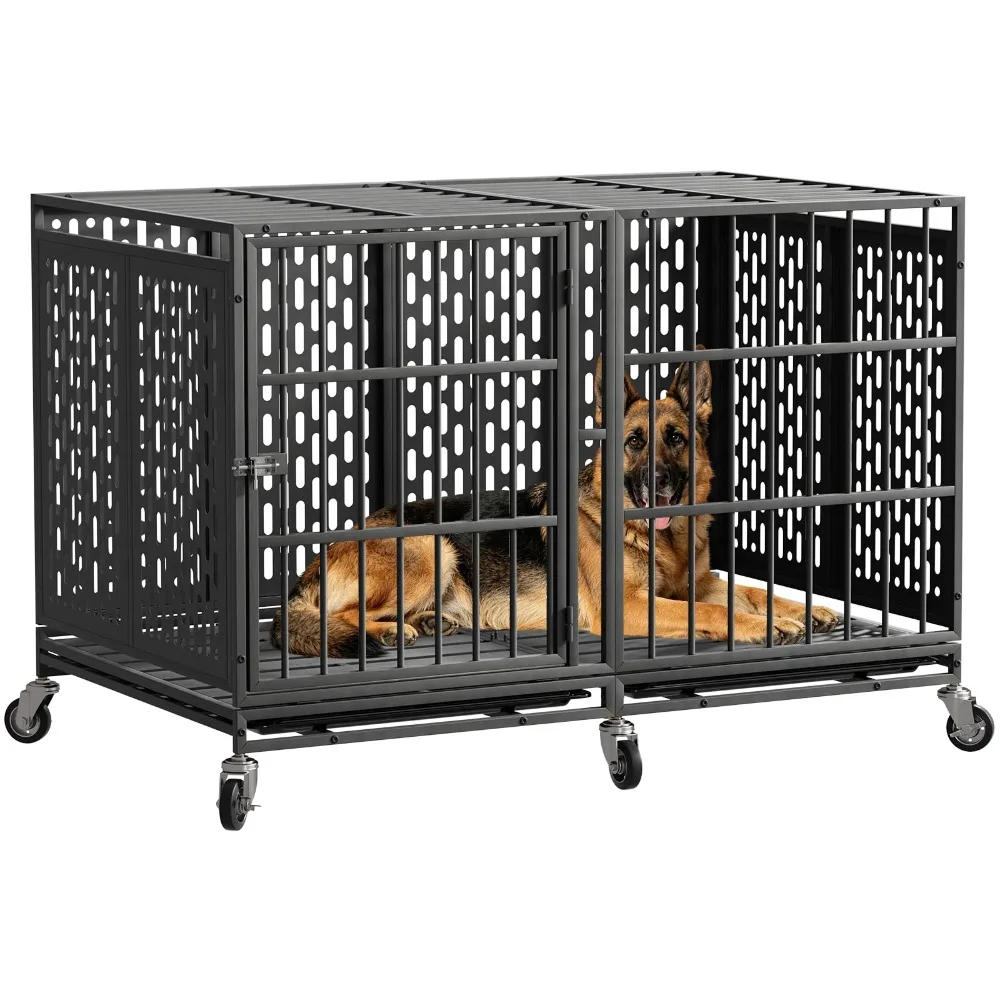48 Inch Heavy Duty Dog Crate with Wheels, Metal Big Dog Cage for Large and Medium Dogs, Extra Large XL XXL