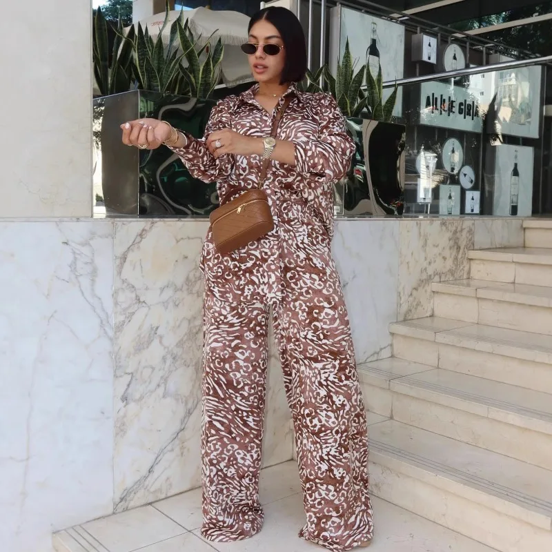 Women's African Leopard Print 2 Piece Outfit Button Up Shirt + Wide Leg Pants Elegant Co-ord Set For Streetwear Night Out Party