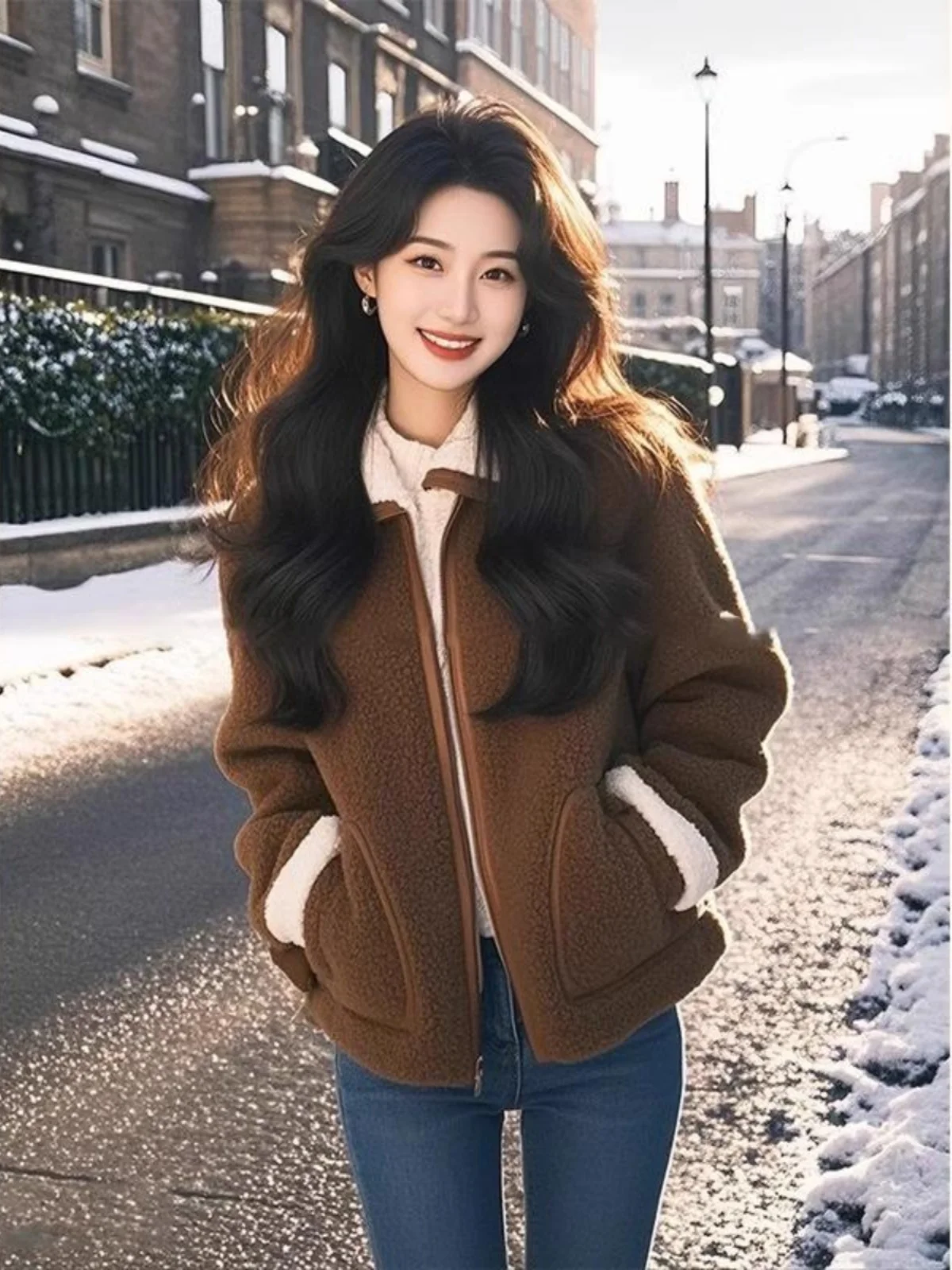 เสื้อคลุมขนแกะเทียมสีน้ำตาลกาแฟ รุ่นใหม่ ฤดูใบไม้ร่วง-ฤดูหนาว 2024 ดีไซน์โดดเด่น ทรงหลวม สไตล์ผู้ใหญ่ เหมาะสำหรับใส่ทำงาน