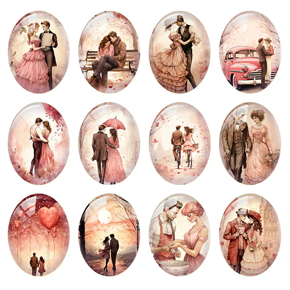 Random Mixed Round/Oval/Square Valentine's Day Couple Heart Photo Glass Cabochon Flatback Demo Cameo For Diy Jewelry Making