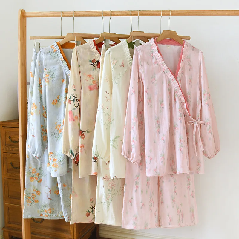 

Spring Autumn Women's Kimono Set Cotton Gauze Chinese style Cardigan Long Sleeve Loose Pajama Set