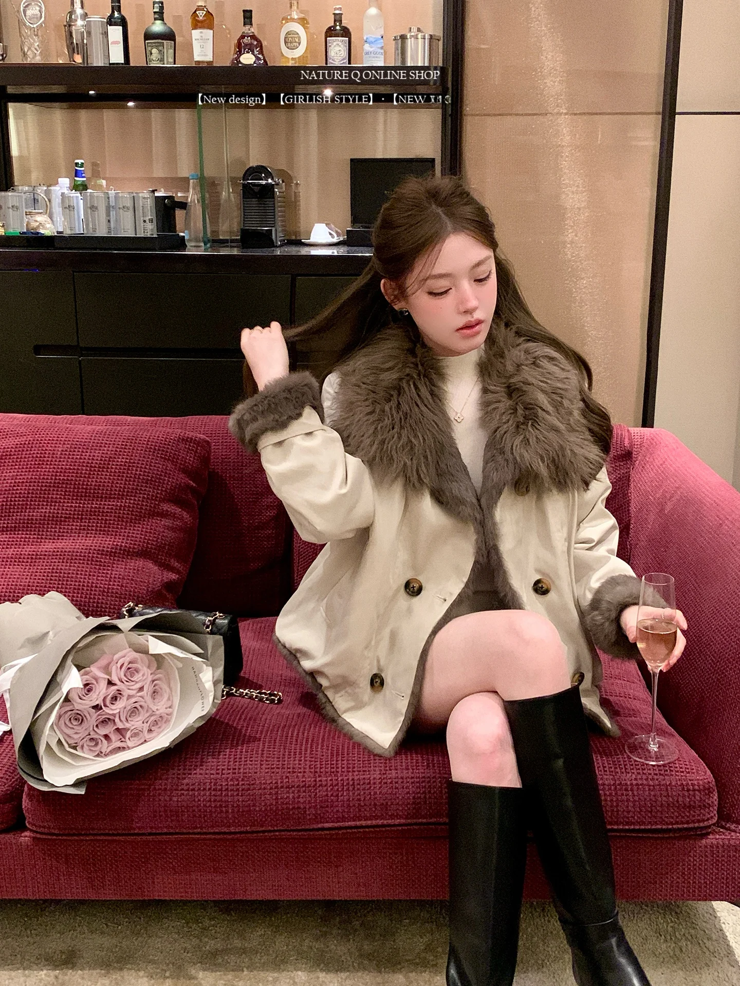 

Теплая двусторонняя парка Yang Xiaoju с кроличьим мехом и шерстяным воротником, женская парка из меха Barn Sle ort, зимняя верхняя одежда