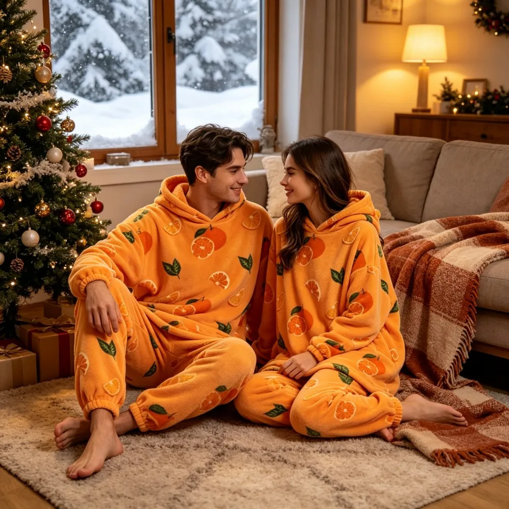 Matching Couple Pajamas Set Halloween Pumpkin Print Winter Oversize Blanket Hoodie and Pants Men Homewear Flannel Woman Pyjamas - view 5