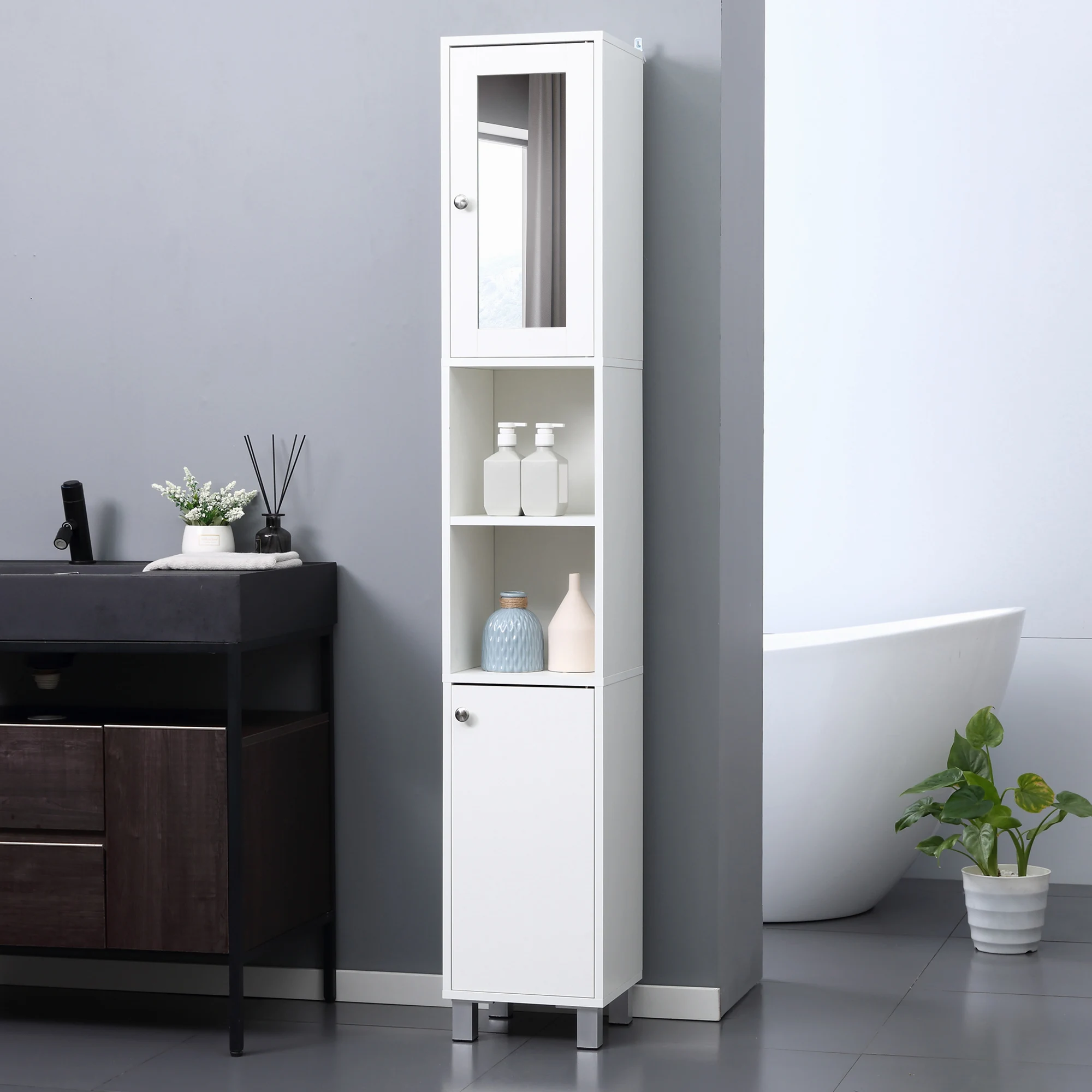 Kleankin Tall Bathroom Storage Cabinet with Mirror, Wooden Freestanding Tower Cabinet with Adjustable Shelves for Bathroom