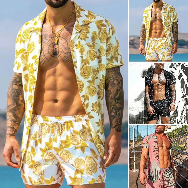 Men's summer short-sleeved suit casual loose Hawaiian beach wear printed short-sleeved shirt shorts