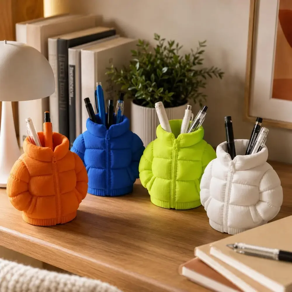 Cute Down Jacket Shaped Pen Holder 3D Printed Cup Coaster Desktop Stationery Desk Organizer For Home Office Classroom Decor