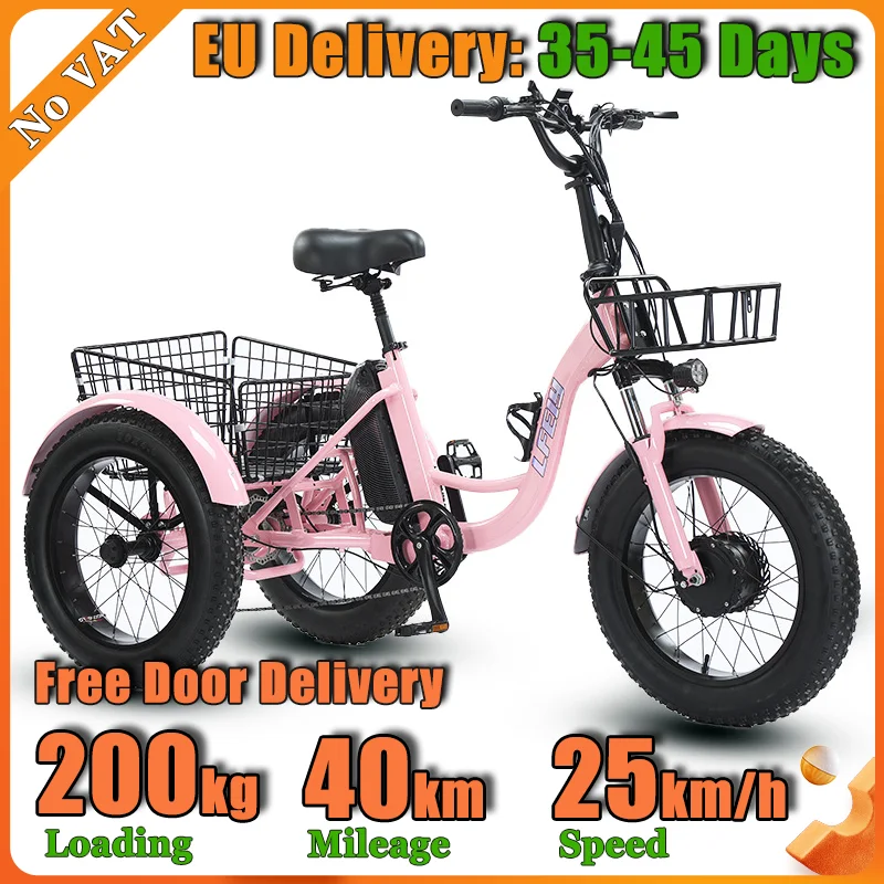 Aluminum Electric Tricycle 20*4.0 Snow Fat Tire 48V13Ah Removable Lithium Battery 3Wheel E Bike With Front & Rear Cargo Baskets