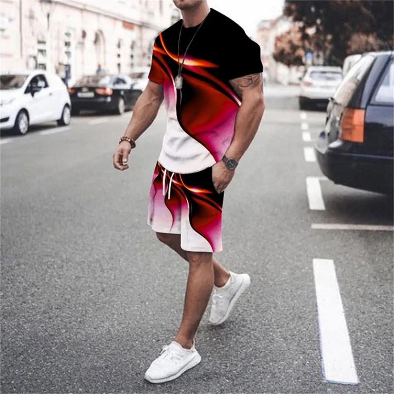 Fashion T-shirt and Shorts Set Street Men\'s Clothing for Men\'s 3D Short Sleeved Loose Casual Casual Colorful Line Printing Style