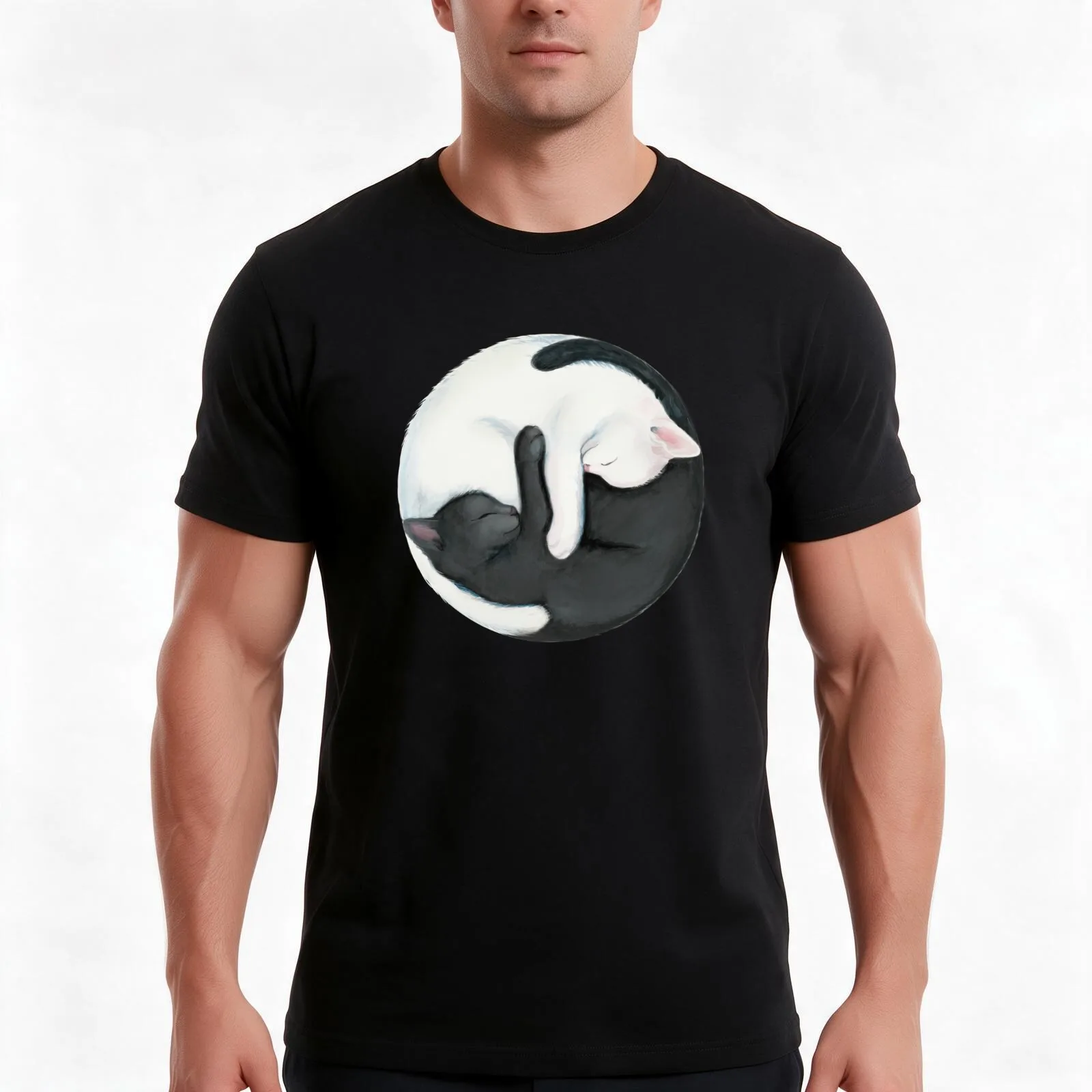 Yin Yang Balancing Cats T-Shirt Summer Casual Cotton Tee Oversized Streetwear Tops Vintage Graphic Print Unisex Men Women