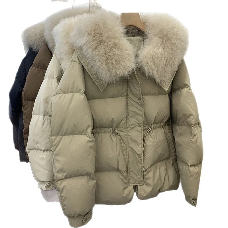 2025 Chaqueta de plumón de invierno para mujer, abrigo grueso y cálido de piel grande con cuello vuelto y plumón de pato blanco a la moda