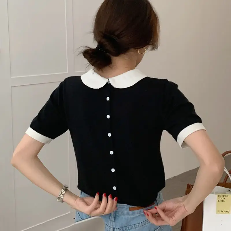 Back Single Breasted Black Doll Sweaters Puff Short Sleeve Collar Wild Slim Stretch Knit Tops Jumper Shirts for Women New Blouse