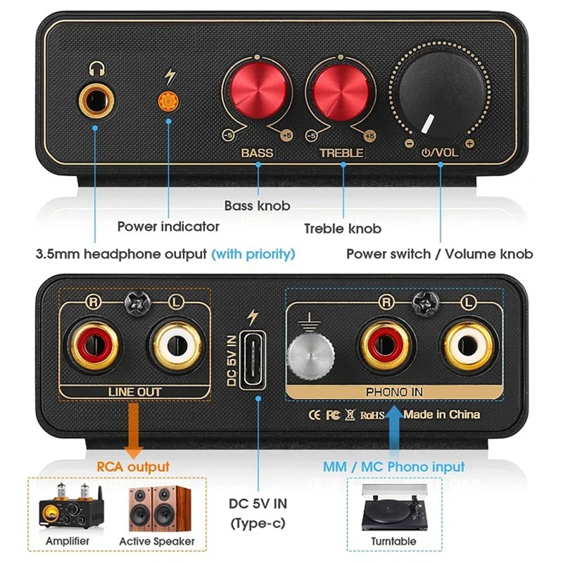 Mini MM/MC Phono panggung RIAA Preamp untuk LP vinil meja putar/pemutar rekam dengan 3.5Mm Headphone keluar