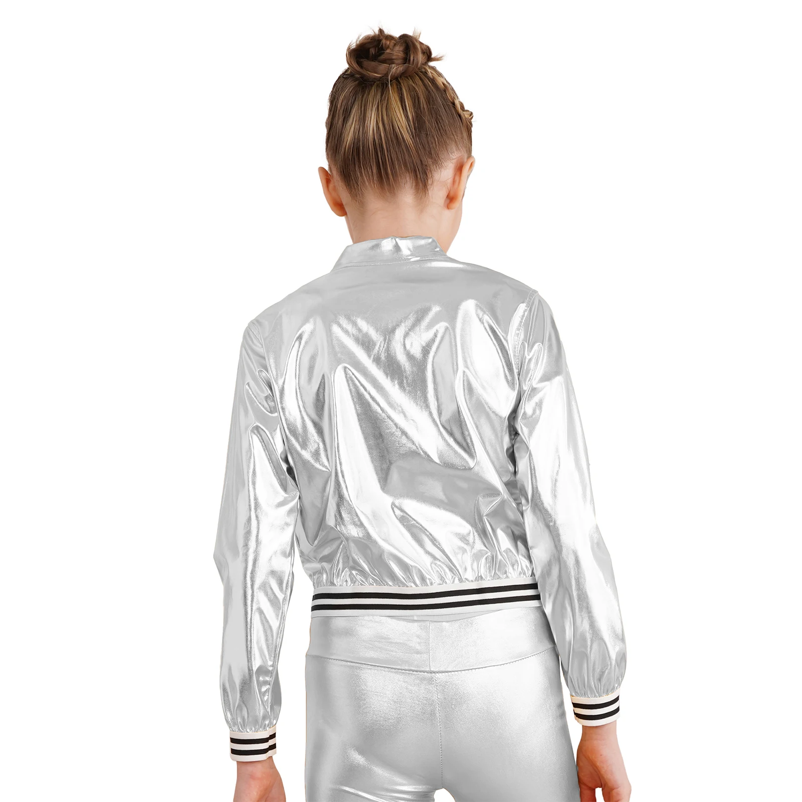 Kids Boys Girls Shiny Metallic Sequin Bomber Jacket Motorcycle Baseball Windbreaker Long Sleeve Patchwork Style Zip Up Coat