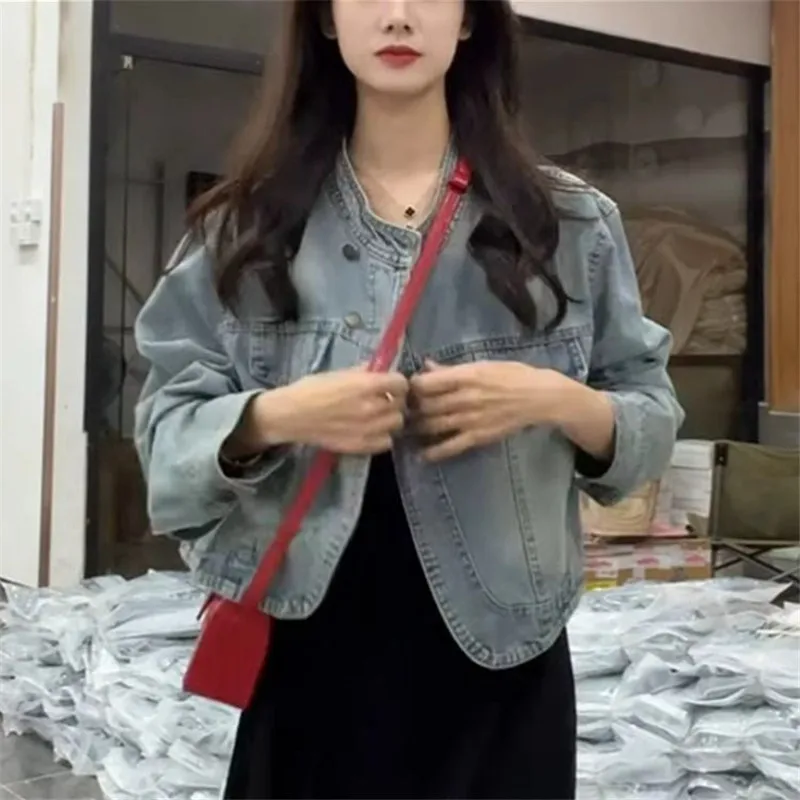 2025 الربيع والخريف جديد Vintage الدنيم سترة المرأة موضة س الرقبة طويلة الأكمام فضفاضة جينز غير رسمي معطف الإناث الملابس T1205